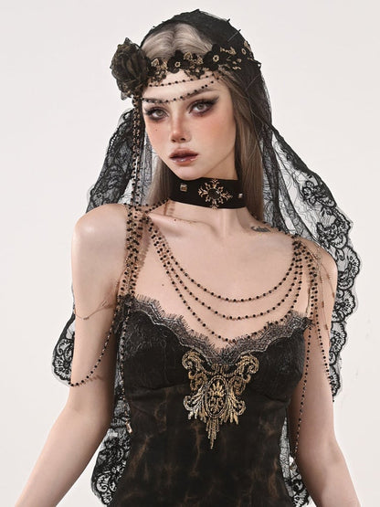 Bead Black With Veil Gothic Chains Lace Gold Floral