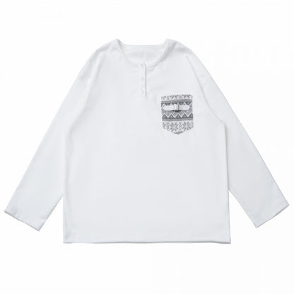 Sleeve Patterned with Isle White Long Fair Patch Pocket Top