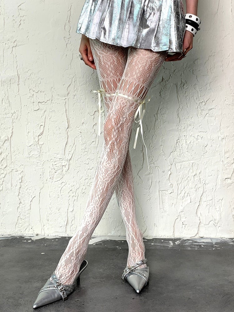 Trägerstrumpfhose Y2K Design Selbstbinden Hohl-Out Weiß