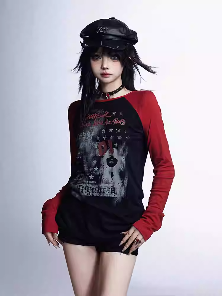 Vintage Glamouröse Grafik Top Hals Rot Schwarz Rund