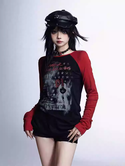 Vintage Glamouröse Grafik Top Hals Rot Schwarz Rund