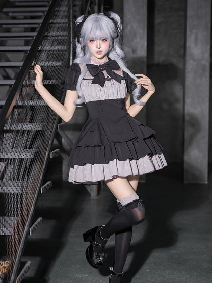 Black & Pink Square Neck Dress with Bow Brooch and Hair Clip - With PUJI