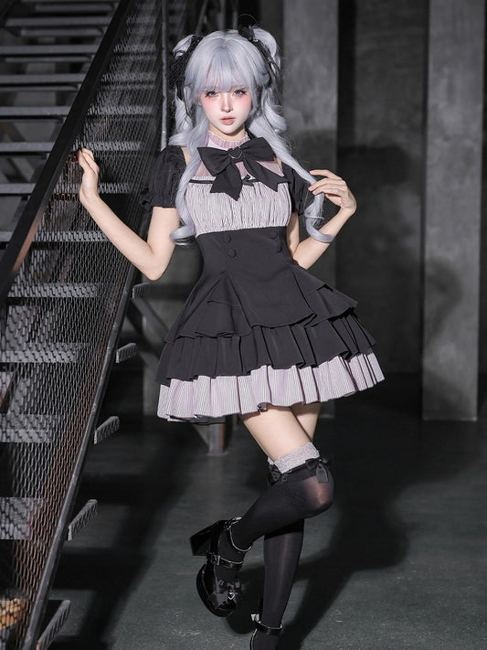 Black & Pink Square Neck Dress with Bow Brooch and Hair Clip - With PUJI