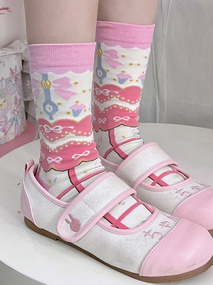 Pink Sweet Lolita Bowknot Print Striped Pattern Calf Socks