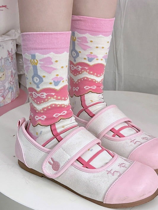 Pink Sweet Lolita Bowknot Print Striped Pattern Calf Socks