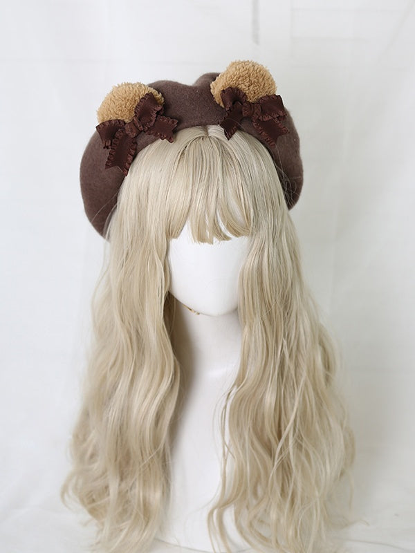 / Ear Detachable Bowknot With Coffee Beret Sweet Lolita Camel Pink Bear