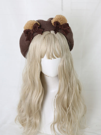 / Ear Detachable Bowknot With Coffee Beret Sweet Lolita Camel Pink Bear
