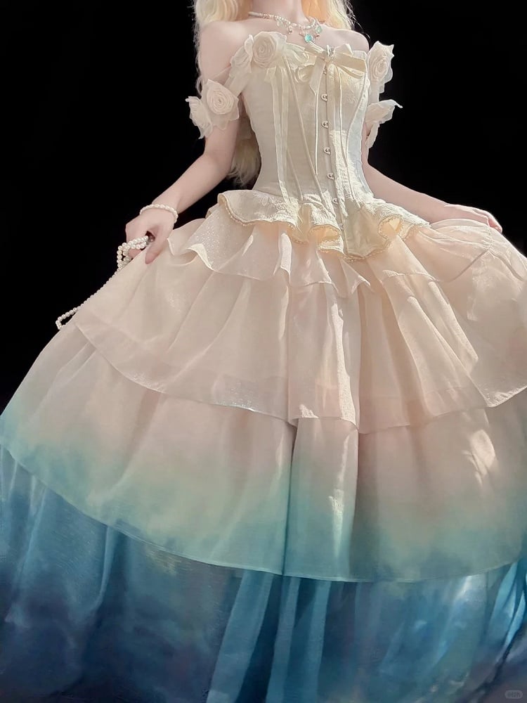 with Gradient Top Beige Floral-Embellished Off-Shoulder Corset Skirt Tiered