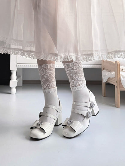 Elegant White Crystal Embellished Square Toe Mary Jane Shoes with Heart Buckle Straps - Transfer Student