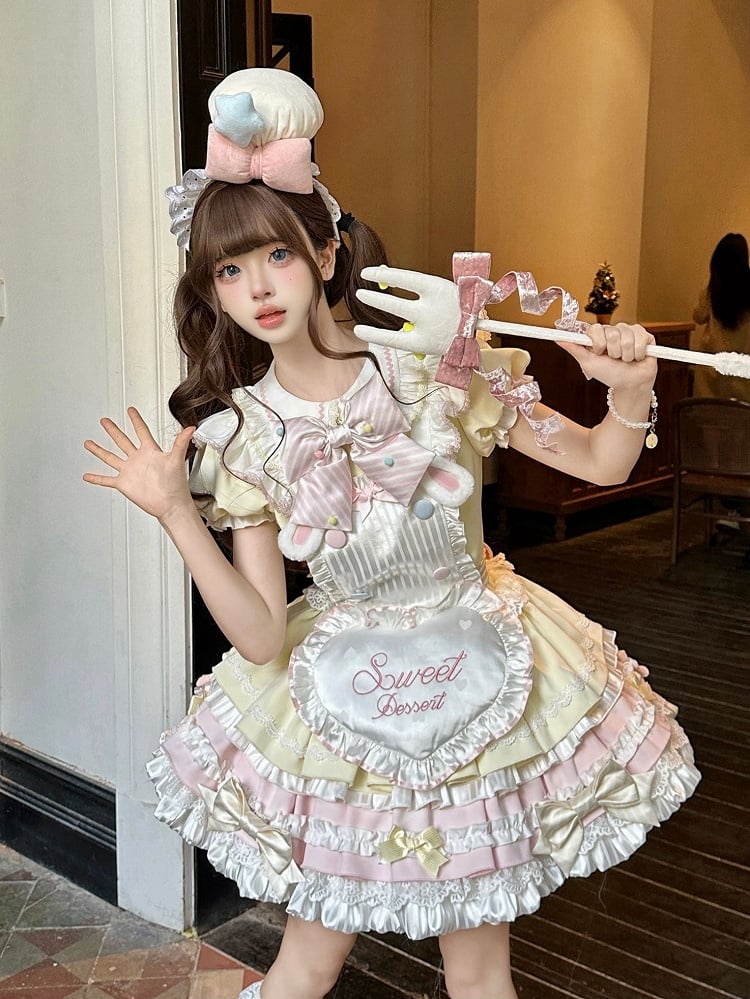 Ärmeln Gelb Lolita Kleid Süße Maid Thema Bunny Puff Rosa und