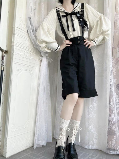 Ouji mit Aprikosen-Langshorts, gerades Bein, modische Schulter + Kragen, Lolita-Outfit-Träger, Matrosenärmel-Shirt – Schwarz