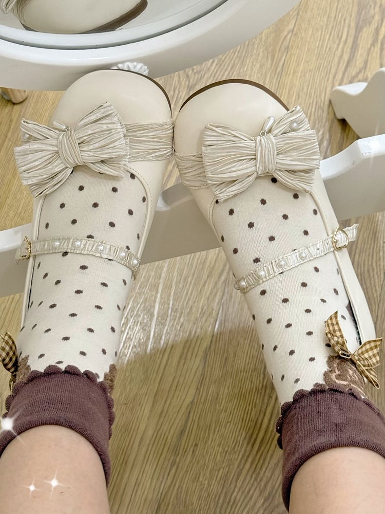 Top Buckle Toe Creamy Shoes Beaded Bow Decorated Lolita White Heart Round at