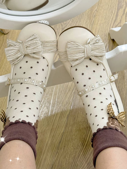 Top Buckle Toe Creamy Shoes Beaded Bow Decorated Lolita White Heart Round at