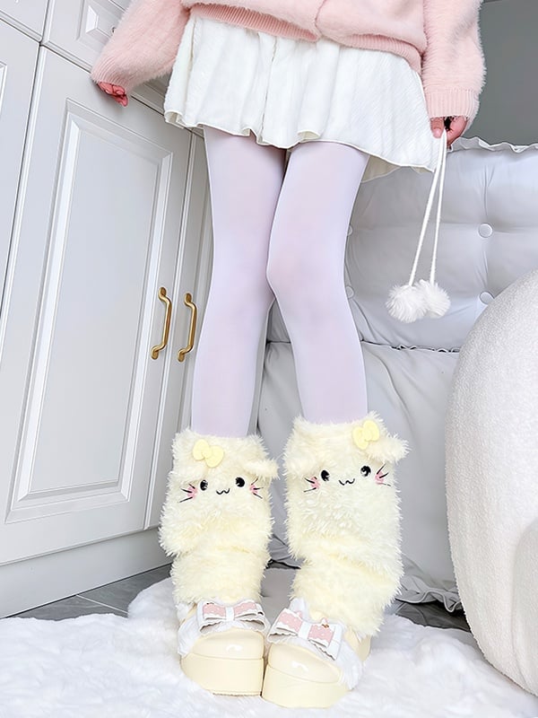 Plush White/Pink/Yellow Kitty Design Cute Leg Warmers