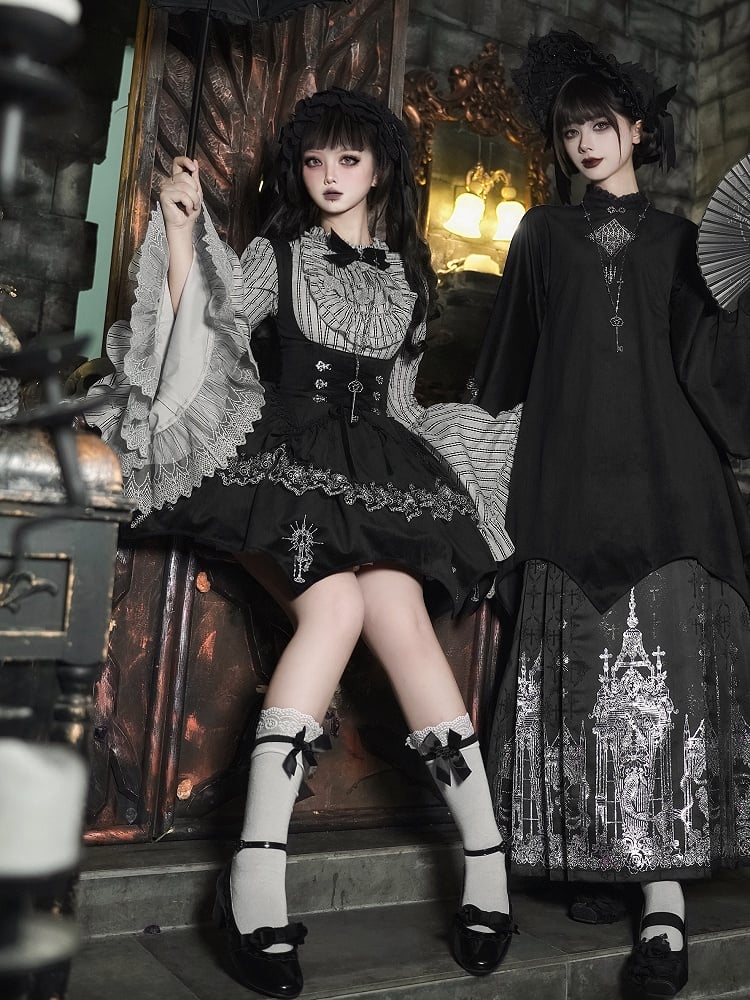 Embroidery Under Boned Lolita Black Waist Gothic Curved Dress Candelabra Bust Hem with