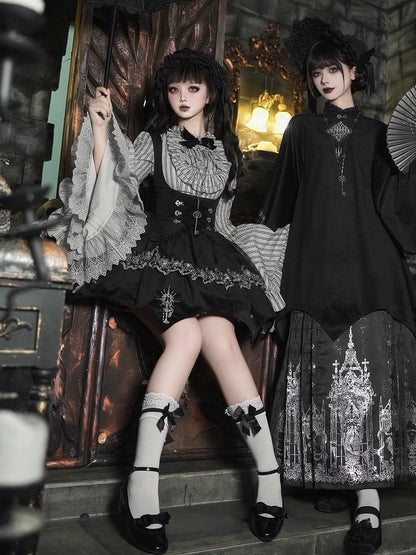 Hairband Curved JSK Shirt Under Bust Hem Gothic Necklace Black Lolita +