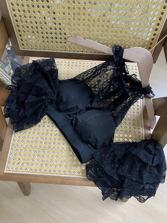 袖取り外し可能ホルターネックフリル付きレーストップス（ブラック）クロップド丈