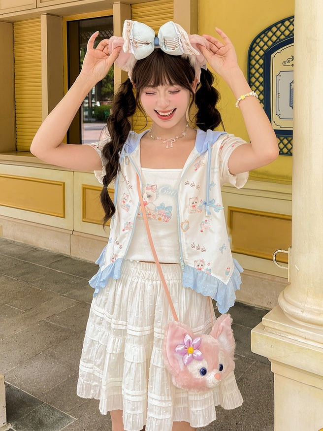 ジップアップフード付きキュートなキティプリントカーブヘムレースブルートリムTシャツ