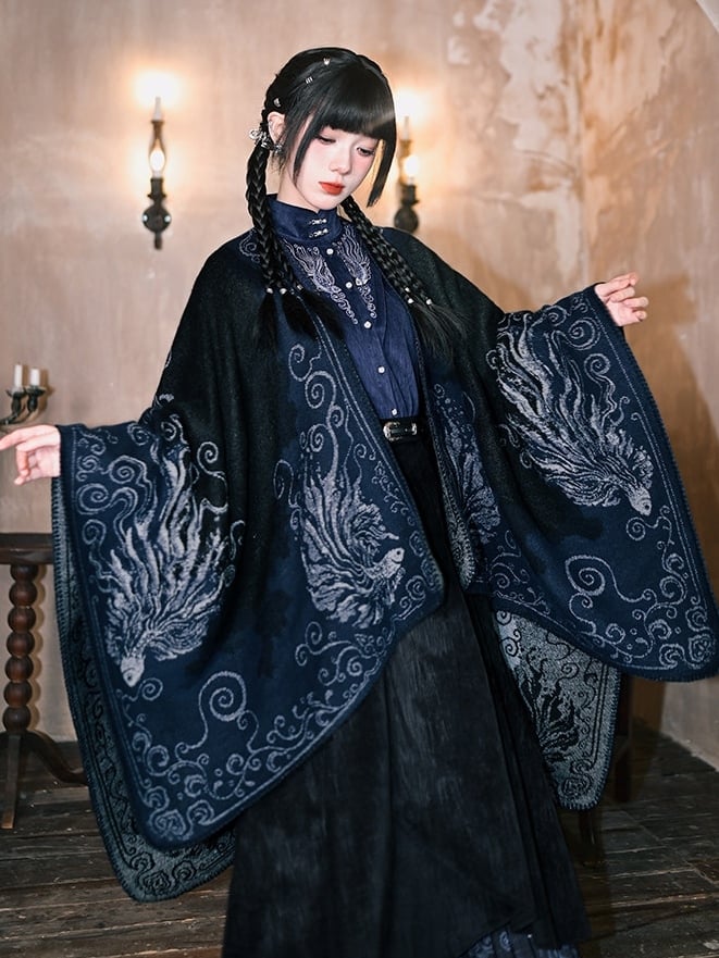 with Gothic Navy Shawl Print Koi Fish