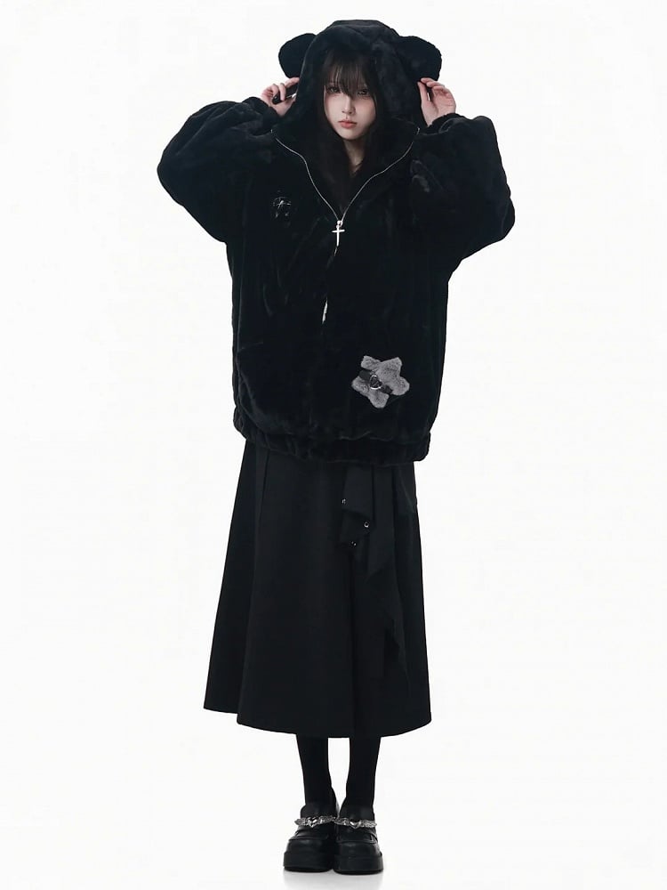 Hooded with Bear Ear Plush Embroidery Black/White Buckle Strap and Lined Pin Accents Coat