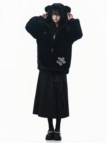 Hooded with Bear Ear Plush Embroidery Black/White Buckle Strap and Lined Pin Accents Coat