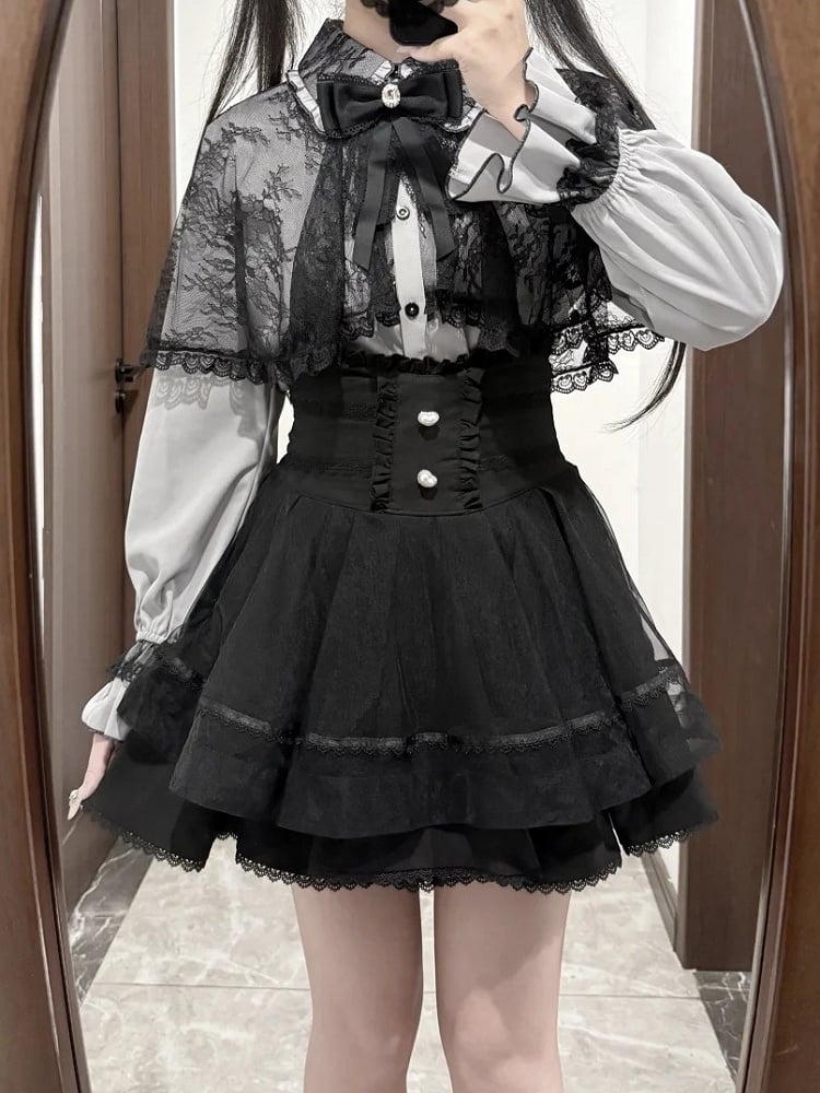 Skirt Kei High-Waist Tiered Heart-Shaped Accents Black Button with Jirai