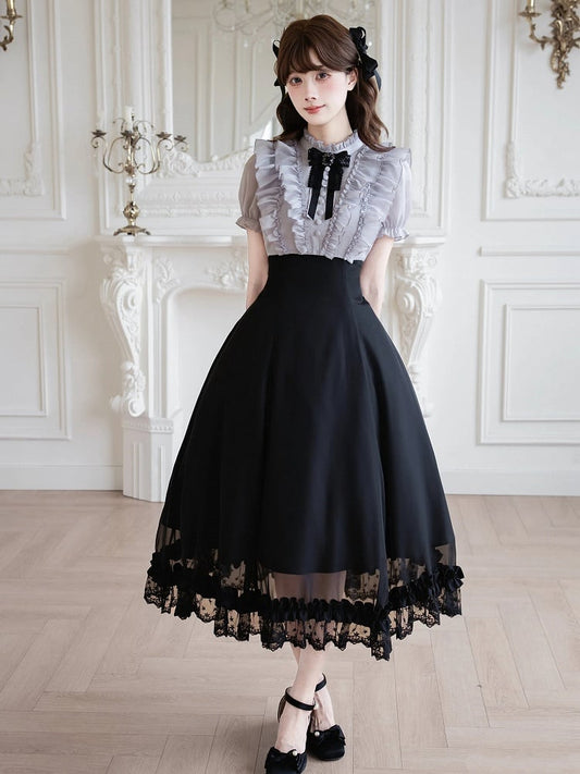 Gray Ruffled Blouse & Black Long Skirt Fake Two Pieces Lolita Dress - With PUJI
