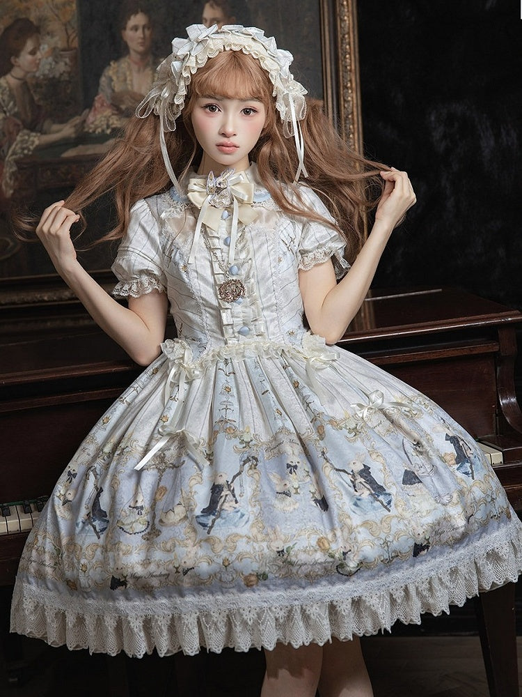 Rabbit Print OP with Detachable Striped Sleeves - Stars Fall on the Foggy Island