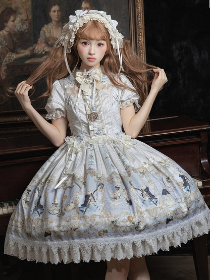 Rabbit Print OP with Detachable Striped Sleeves - Stars Fall on the Foggy Island