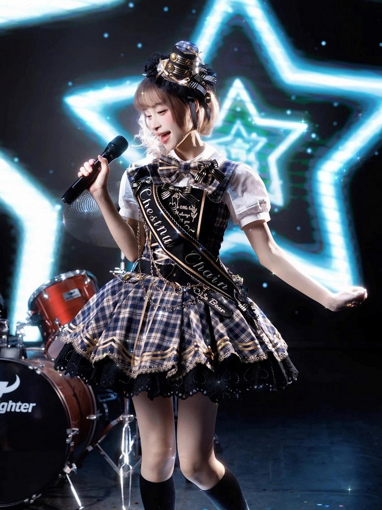 Blue Idol Lolita Plaid JSK Dress with Golden Bear Embroidery and Black Scalloped Hem - LiLi Chain