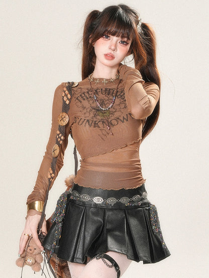 Glamorous – Oberteil mit Buchstaben- und Bittersüß-Print, Ärmeln und Sternenmuster, Braun, lang