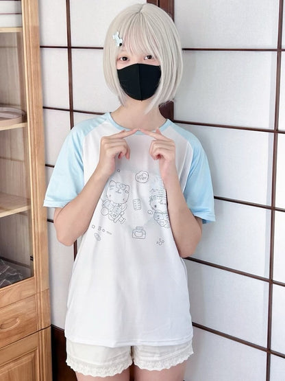 カイワイプリント ラウンドキティTシャツ 天使 ホワイトブルー ネック