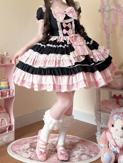 Stück und rosa Ärmel Lolita Schleife Ein Kleid süße kurze Akzente schwarz