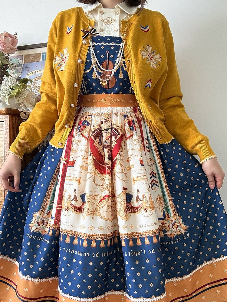 Dark Blue Musical Print Overall Dress with Detachable Straps - Crucis Universal Tailor Company