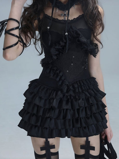 Ballet-Inspired Punk Star with Lace Black Layered Trim Top Ruffles Rhinestone Cami