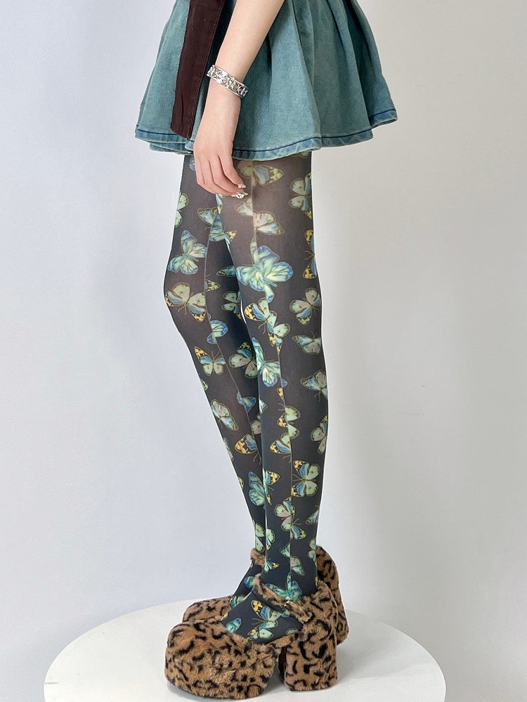 Tights Butterfly Print Yellow/Black