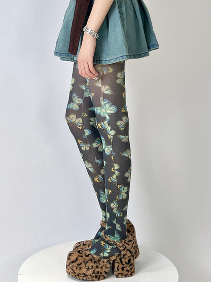 Tights Butterfly Print Yellow/Black