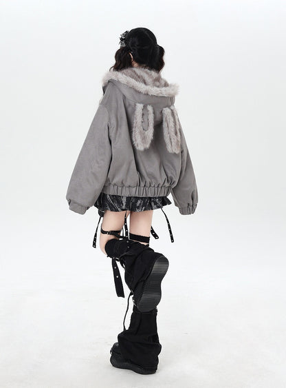 Jacket Ears Pattern Padded Fur Lettering Rabbit with Hooded