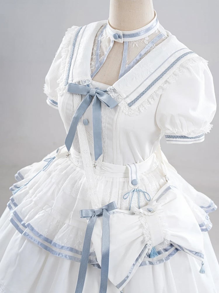 Ivory and Azure Stitched Sailor Gown with Detachable Collar - Honey Machine
