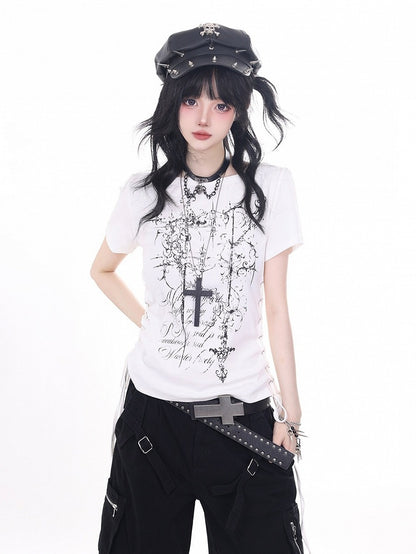 White Tee with Side Drawstring and Dark Print - KNOW8 Online Shop