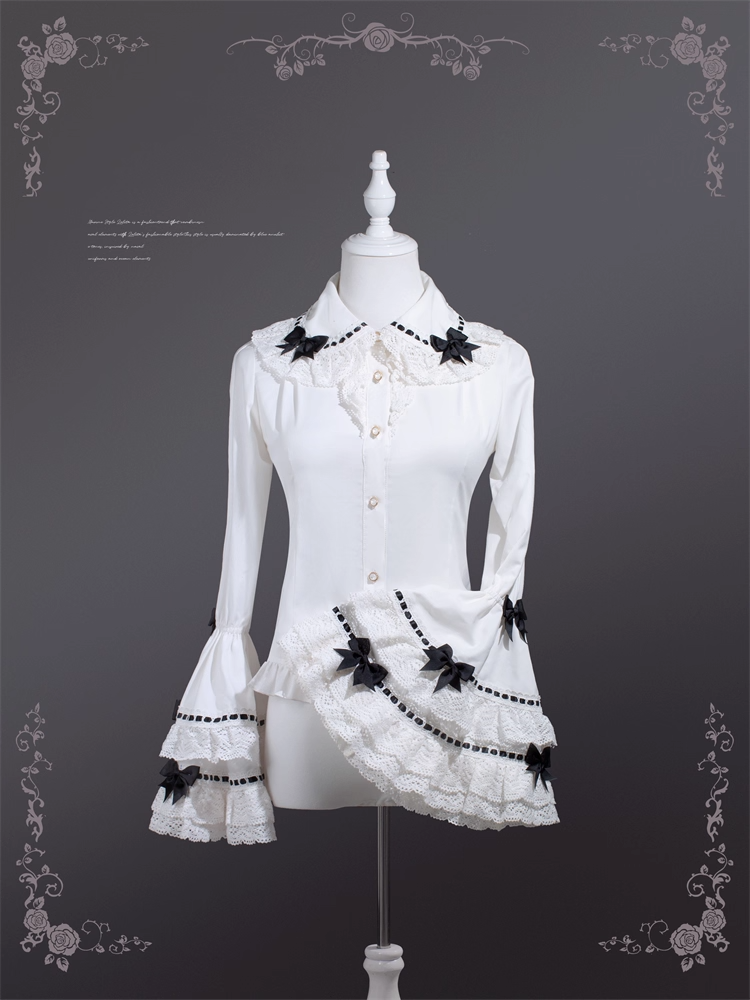 Decoration Black Bowknots White Peter Pan Collar Bell Sleeves Blouse