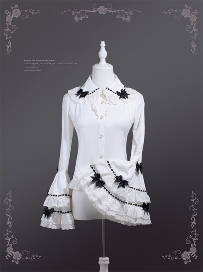 Decoration Black Bowknots White Peter Pan Collar Bell Sleeves Blouse