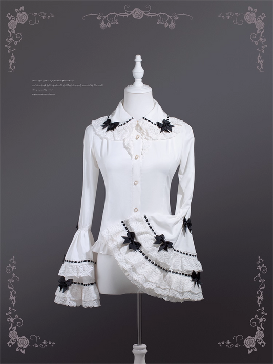 Decoration Black Bowknots White Peter Pan Collar Bell Sleeves Blouse