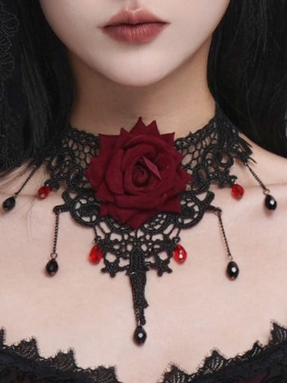 Gothic Black & Red Rose Choker with Obsidian Pendant