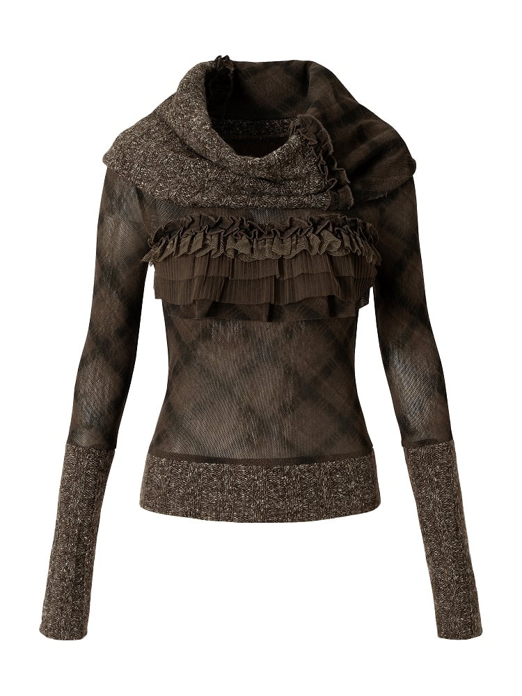 Long Lace Trim Vintage Sleeve Top Crisscross Dark with Pattern Ruffle Stripe Green Punk
