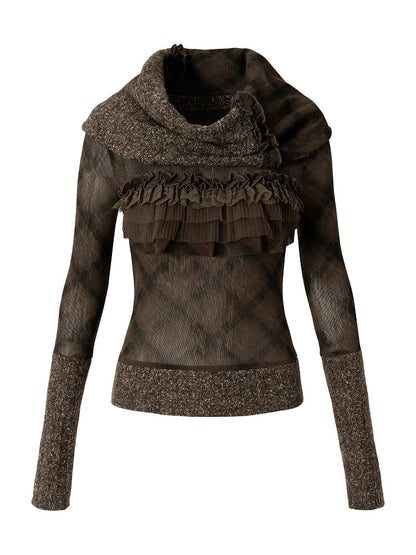 Long Lace Trim Vintage Sleeve Top Crisscross Dark with Pattern Ruffle Stripe Green Punk