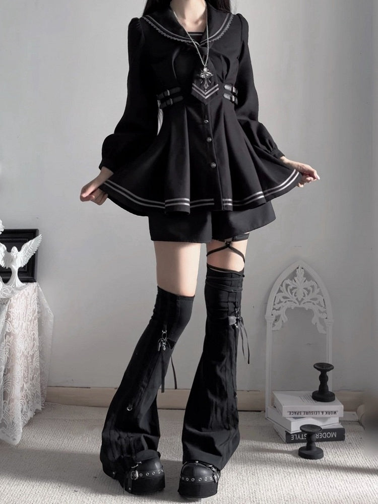 Sailor Collar Dress Set with Shorts and Tie - Ekomi