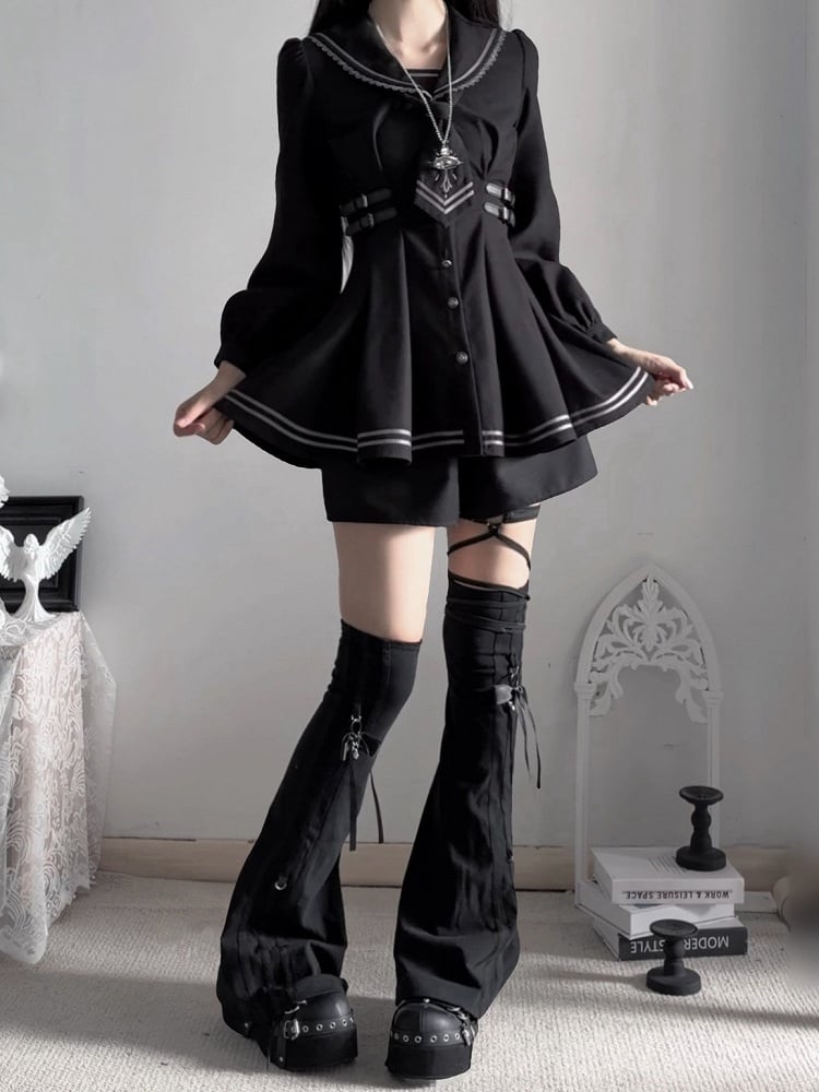 Black Sailor-Collar Dress Set with Bow Tie & Shorts - Ekomi