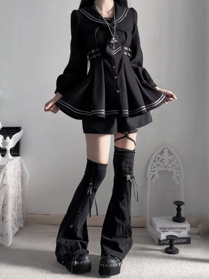 Black Sailor-Collar Dress Set with Bow Tie & Shorts - Ekomi