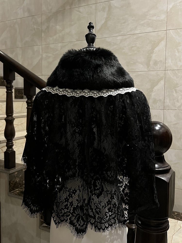 Lolita Lace Gothic Fur-Collared with Edging Cape Faux